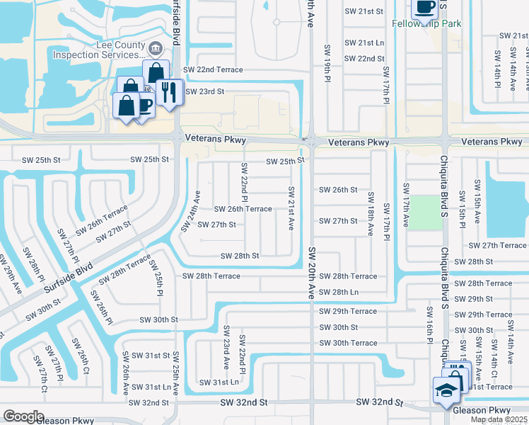 map of restaurants, bars, coffee shops, grocery stores, and more near 2626 Southwest 22nd Avenue in Cape Coral