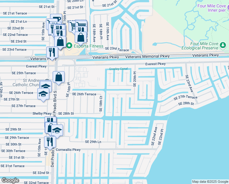 map of restaurants, bars, coffee shops, grocery stores, and more near 1917 Southeast 26th Terrace in Cape Coral