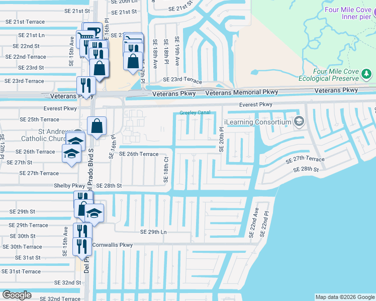 map of restaurants, bars, coffee shops, grocery stores, and more near 1917 Southeast 26th Terrace in Cape Coral