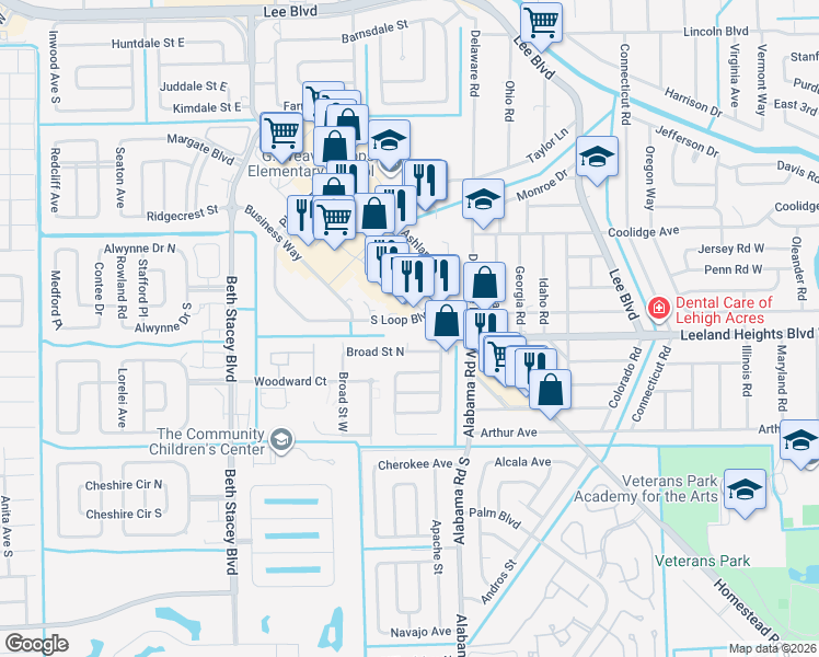 map of restaurants, bars, coffee shops, grocery stores, and more near 1107 South Loop Boulevard in Lehigh Acres