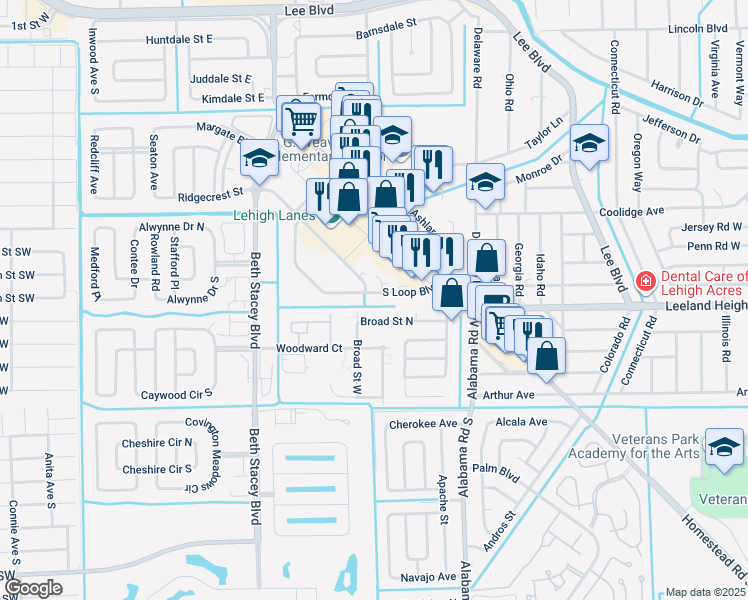 map of restaurants, bars, coffee shops, grocery stores, and more near 603A Broad Street North in Lehigh Acres