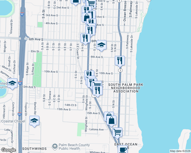 map of restaurants, bars, coffee shops, grocery stores, and more near 1 11th Avenue South in Lake Worth