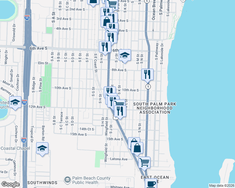 map of restaurants, bars, coffee shops, grocery stores, and more near 2 11th Avenue South in Lake Worth Beach