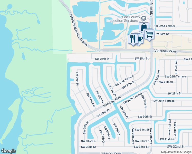 map of restaurants, bars, coffee shops, grocery stores, and more near 2559 Southwest 28th Avenue in Cape Coral