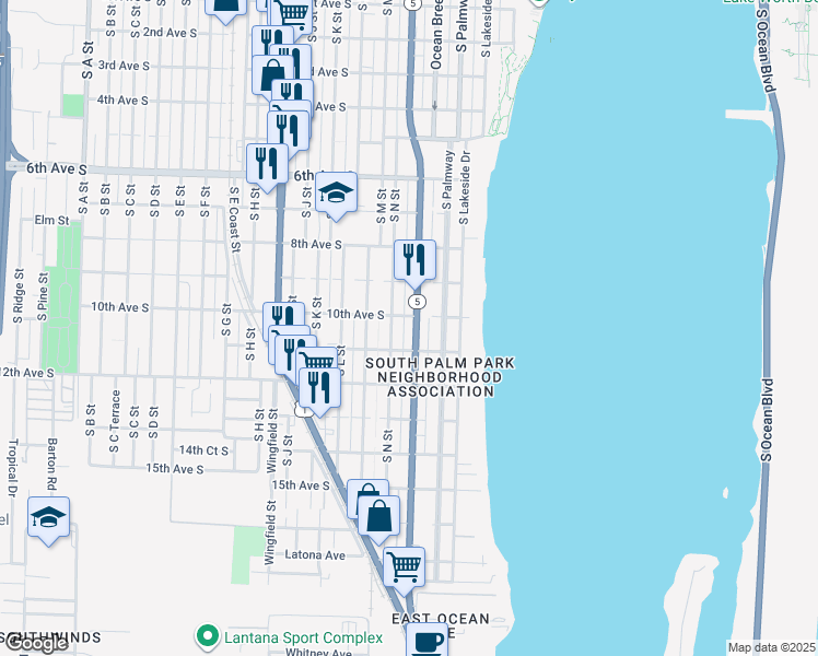map of restaurants, bars, coffee shops, grocery stores, and more near 215 11th Avenue South in Lake Worth