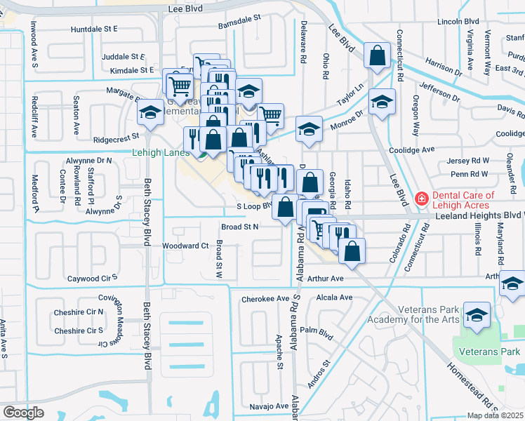 map of restaurants, bars, coffee shops, grocery stores, and more near 1107 South Loop Boulevard in Lehigh Acres