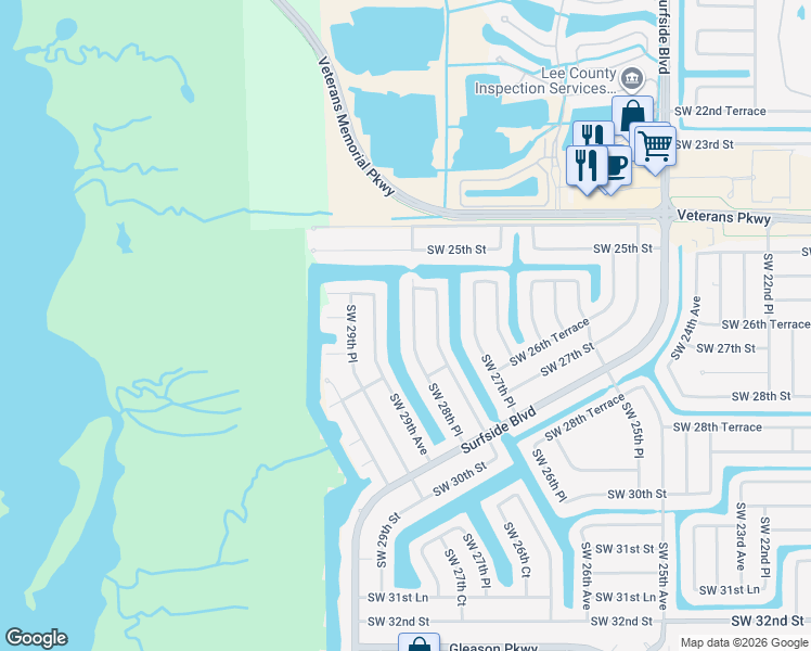 map of restaurants, bars, coffee shops, grocery stores, and more near 2532 Southwest 28th Place in Cape Coral