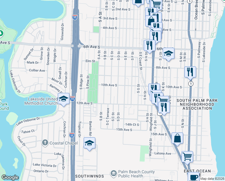 map of restaurants, bars, coffee shops, grocery stores, and more near 931 South C Street in Lake Worth