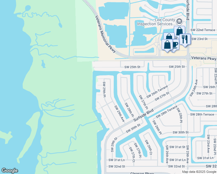 map of restaurants, bars, coffee shops, grocery stores, and more near 2604 Southwest 29th Avenue in Cape Coral