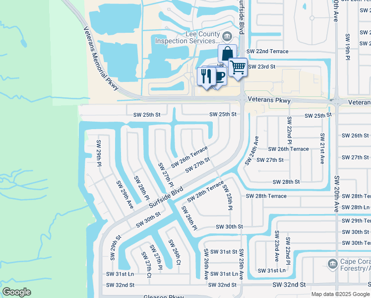 map of restaurants, bars, coffee shops, grocery stores, and more near 2533 Southwest 26th Avenue in Cape Coral