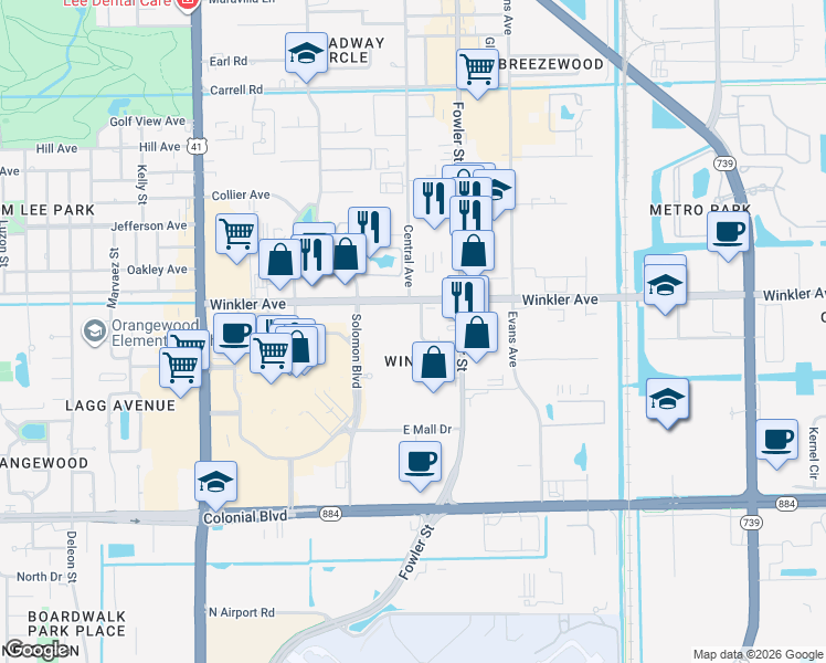 map of restaurants, bars, coffee shops, grocery stores, and more near 2346 Winkler Avenue in Fort Myers