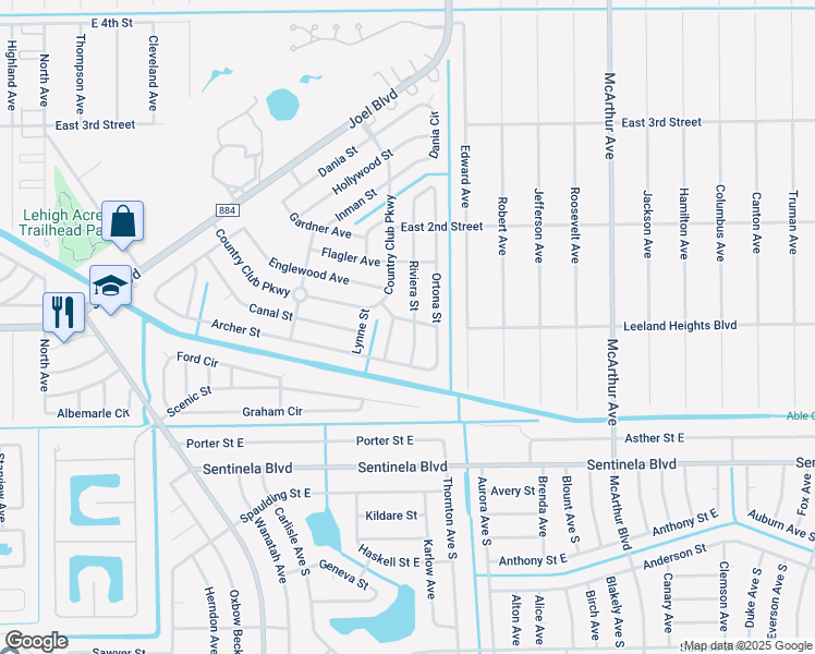 map of restaurants, bars, coffee shops, grocery stores, and more near 91 Riviera Street in Lehigh Acres
