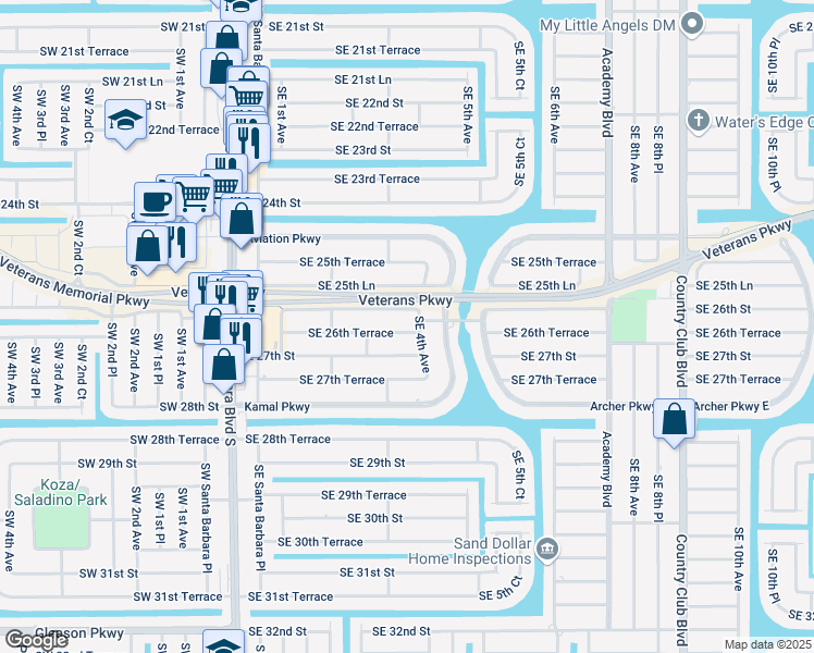 map of restaurants, bars, coffee shops, grocery stores, and more near 325 Southeast 26th Terrace in Cape Coral