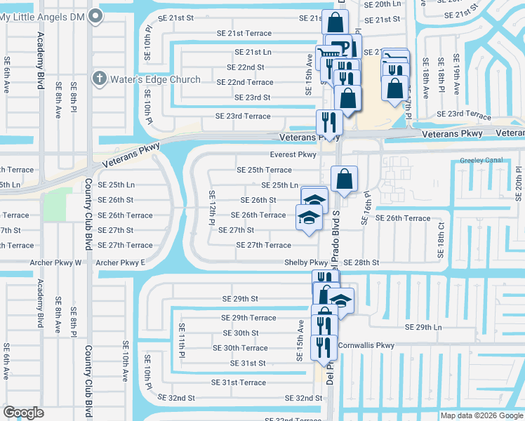 map of restaurants, bars, coffee shops, grocery stores, and more near 1317 Southeast 26th Street in Cape Coral
