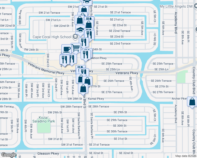 map of restaurants, bars, coffee shops, grocery stores, and more near 138 Southeast 26th Street in Cape Coral