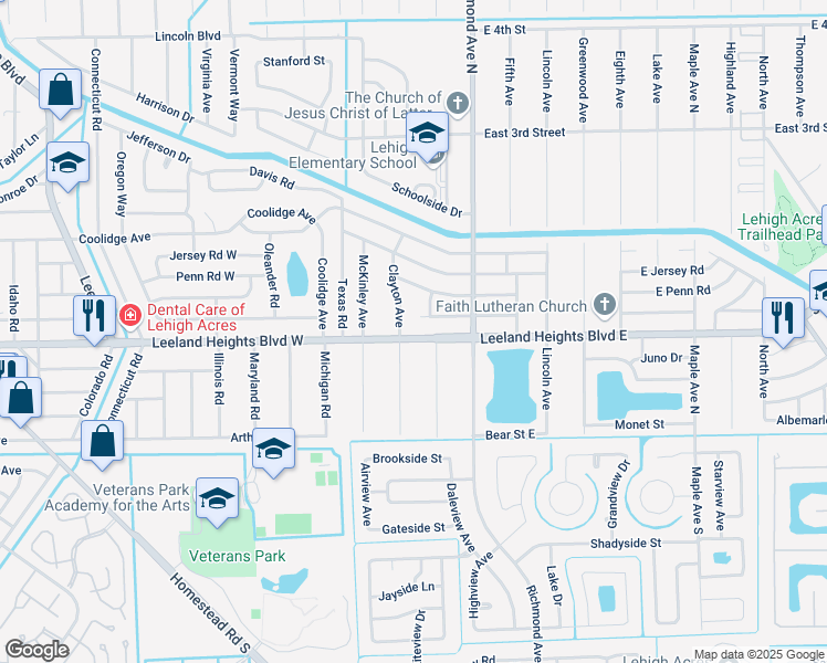 map of restaurants, bars, coffee shops, grocery stores, and more near 203 Leeland Heights Boulevard East in Lehigh Acres