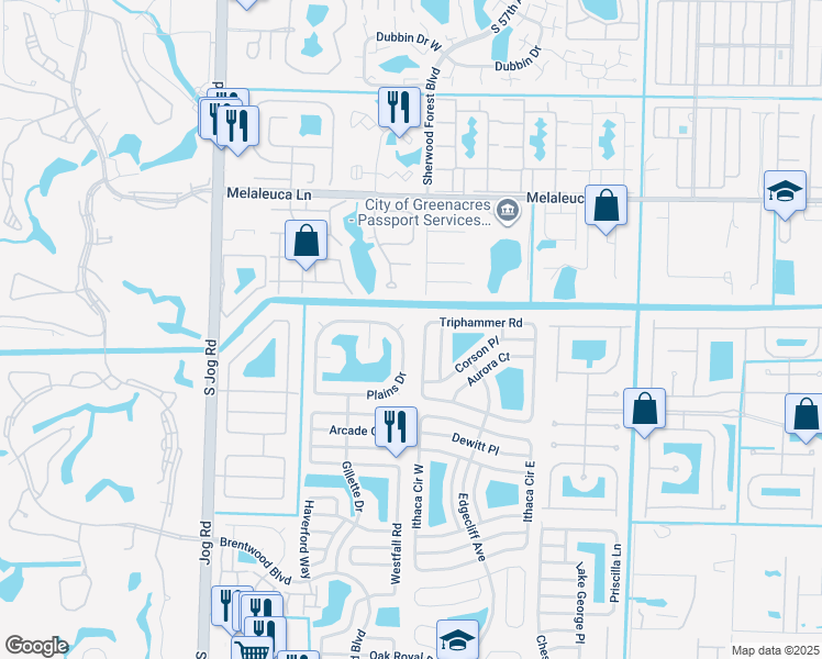 map of restaurants, bars, coffee shops, grocery stores, and more near 5928 Triphammer Road in Lake Worth