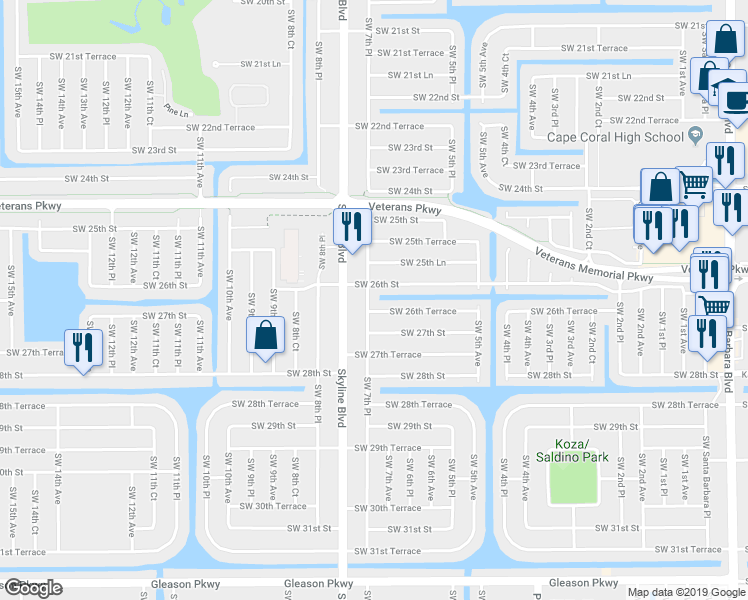 map of restaurants, bars, coffee shops, grocery stores, and more near 2609 Southwest 7th Place in Cape Coral