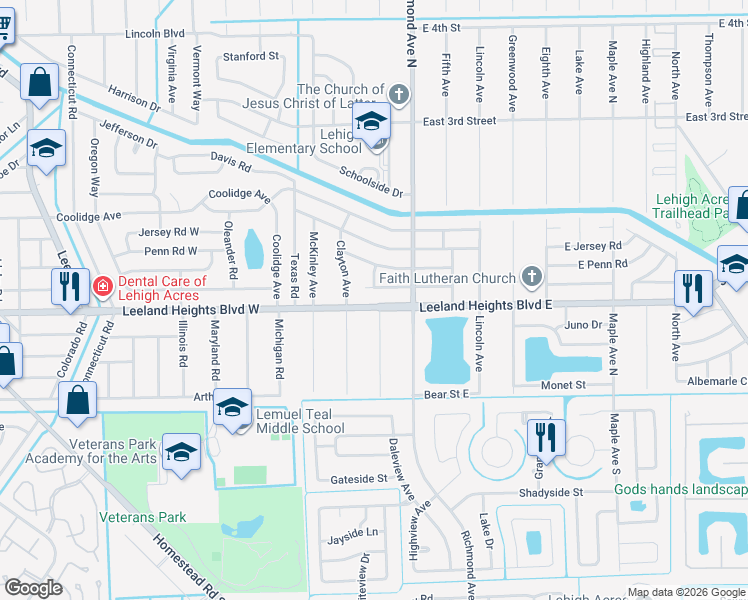 map of restaurants, bars, coffee shops, grocery stores, and more near 201 Bougainvillea Road East in Lehigh Acres