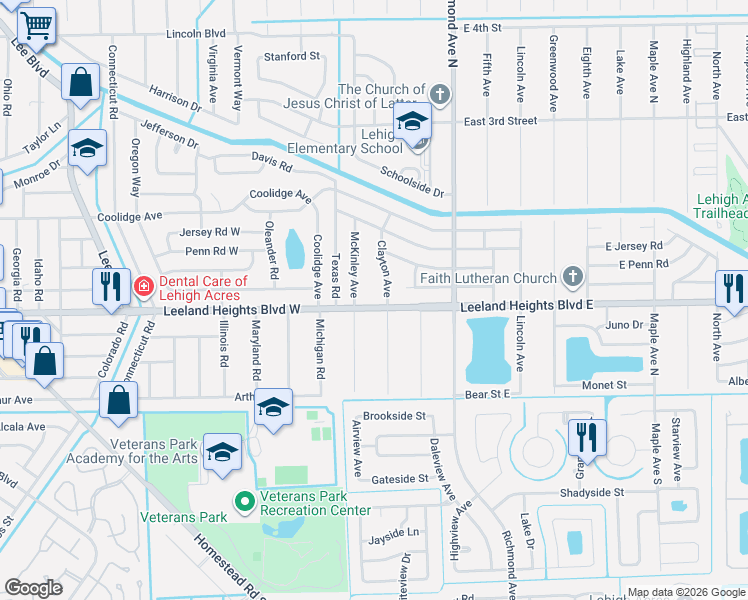 map of restaurants, bars, coffee shops, grocery stores, and more near 105 Leeland Heights Boulevard East in Lehigh Acres