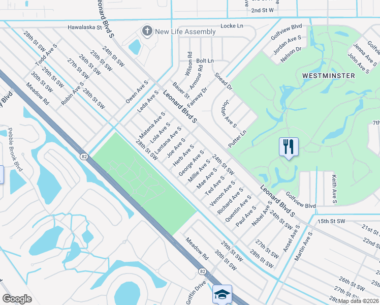 map of restaurants, bars, coffee shops, grocery stores, and more near 2406 Herb Avenue South in Lehigh Acres