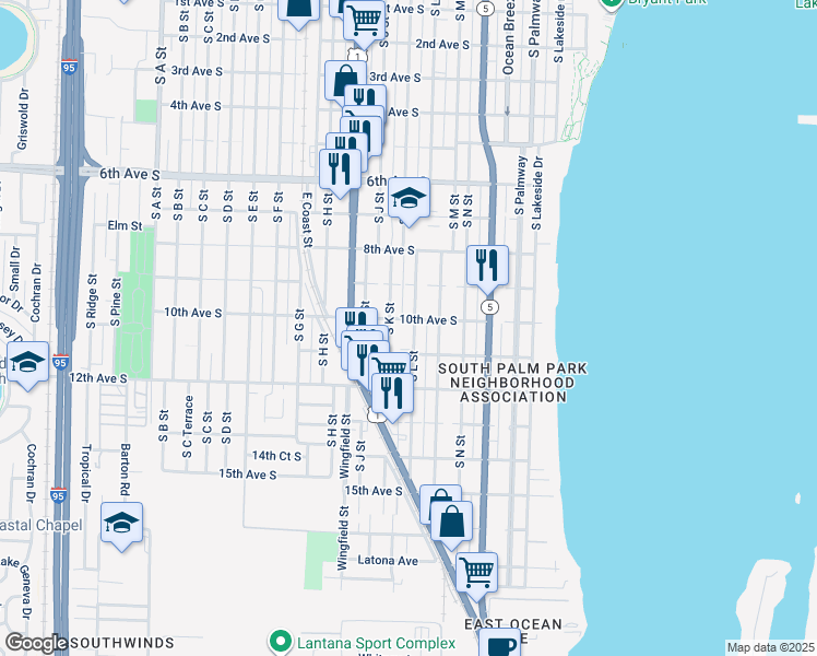 map of restaurants, bars, coffee shops, grocery stores, and more near 926 South L Street in Lake Worth