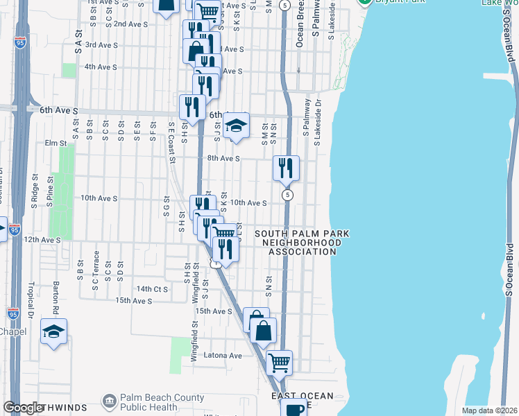 map of restaurants, bars, coffee shops, grocery stores, and more near 921 South N Street in Lake Worth