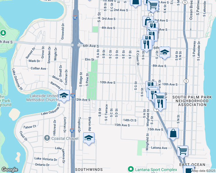 map of restaurants, bars, coffee shops, grocery stores, and more near 931 South C Street in Lake Worth