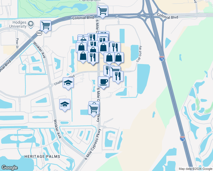 map of restaurants, bars, coffee shops, grocery stores, and more near 7922 Dani Drive in Fort Myers
