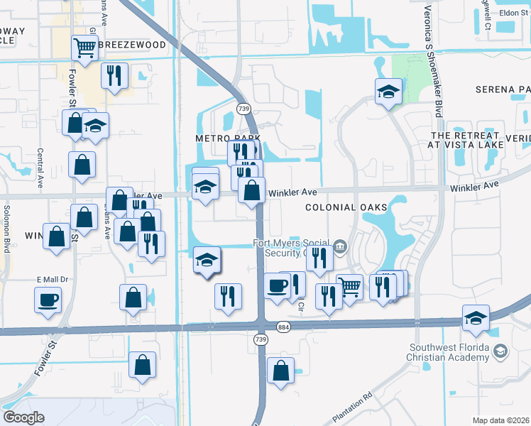map of restaurants, bars, coffee shops, grocery stores, and more near 1654 Metro Parkway in Fort Myers