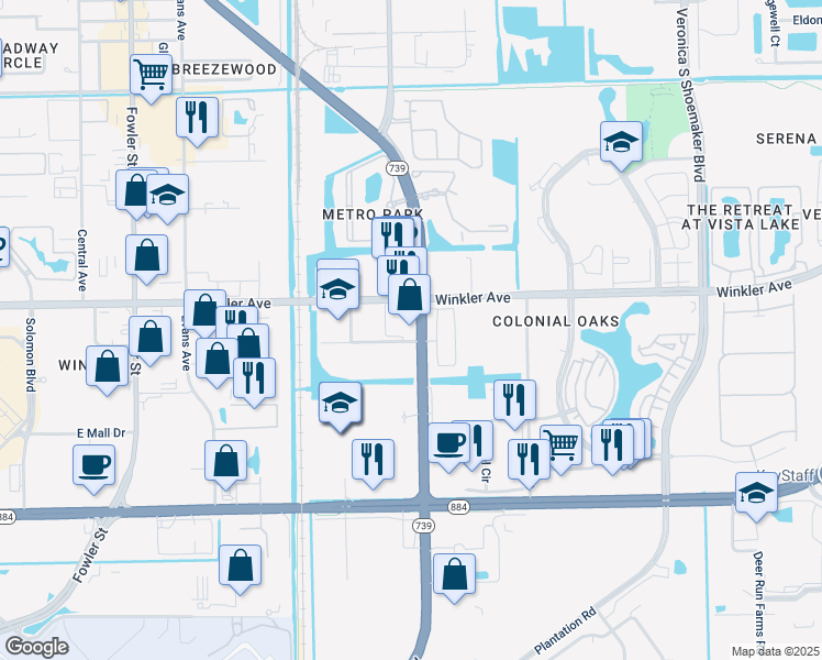 map of restaurants, bars, coffee shops, grocery stores, and more near 1654 Metro Parkway in Fort Myers