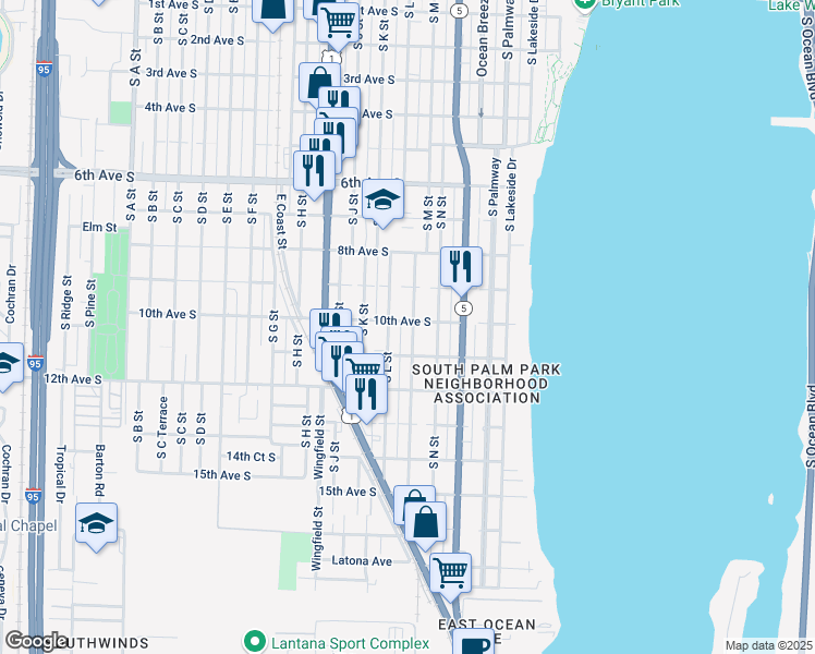 map of restaurants, bars, coffee shops, grocery stores, and more near 926 South L Street in Lake Worth