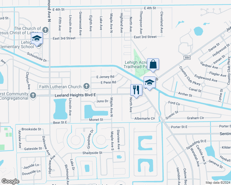 map of restaurants, bars, coffee shops, grocery stores, and more near 1003 Leeland Heights Boulevard East in Lehigh Acres