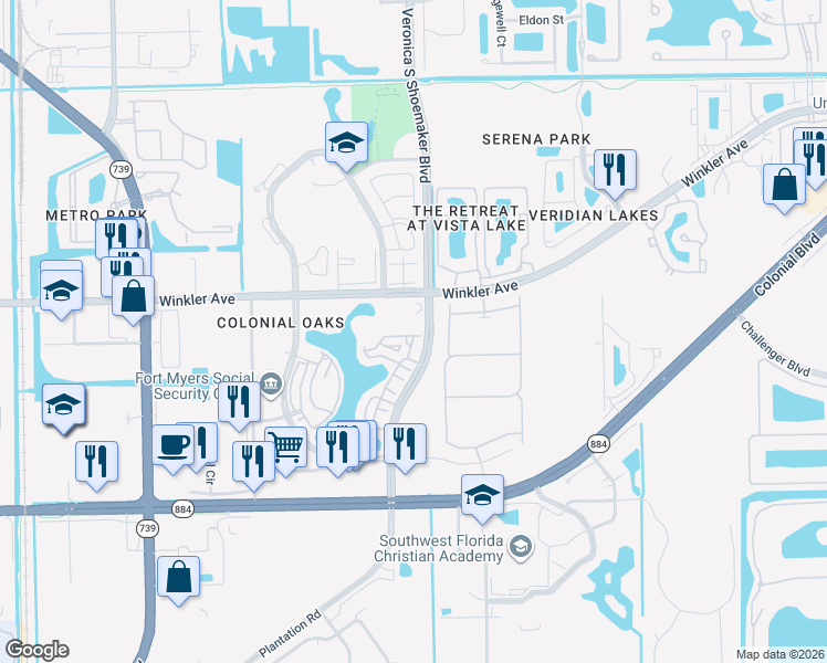 map of restaurants, bars, coffee shops, grocery stores, and more near 4130 Veronica S Shoemaker Boulevard in Fort Myers
