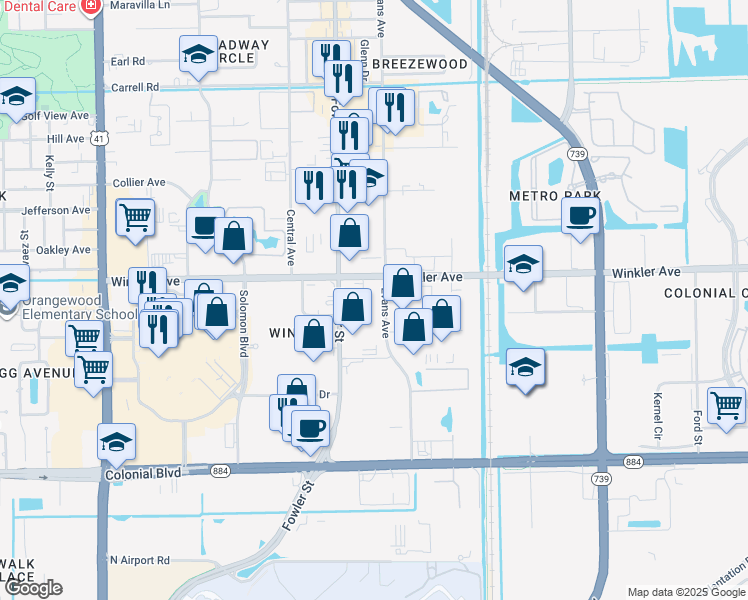 map of restaurants, bars, coffee shops, grocery stores, and more near 2540 Winkler Avenue in Fort Myers