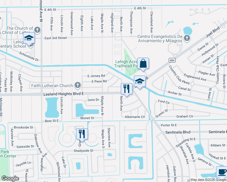 map of restaurants, bars, coffee shops, grocery stores, and more near 1008 East Bougainvillea Road in Lehigh Acres