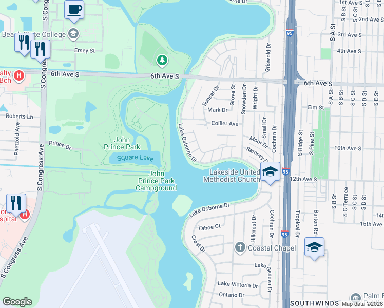 map of restaurants, bars, coffee shops, grocery stores, and more near 2960 Lake Osborne Drive in Lake Worth