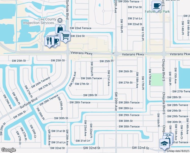 map of restaurants, bars, coffee shops, grocery stores, and more near 2202 Southwest 26th Street in Cape Coral