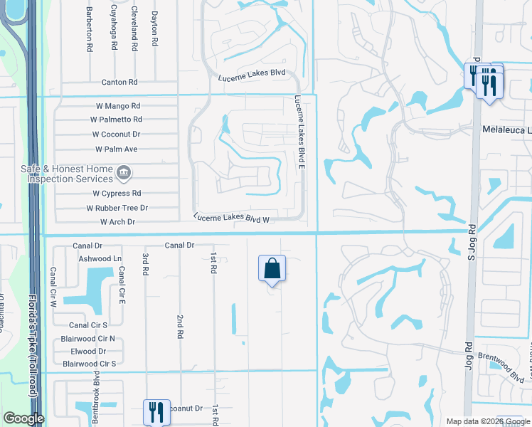map of restaurants, bars, coffee shops, grocery stores, and more near 4721 Lucerne Lakes Boulevard East in Greenacres