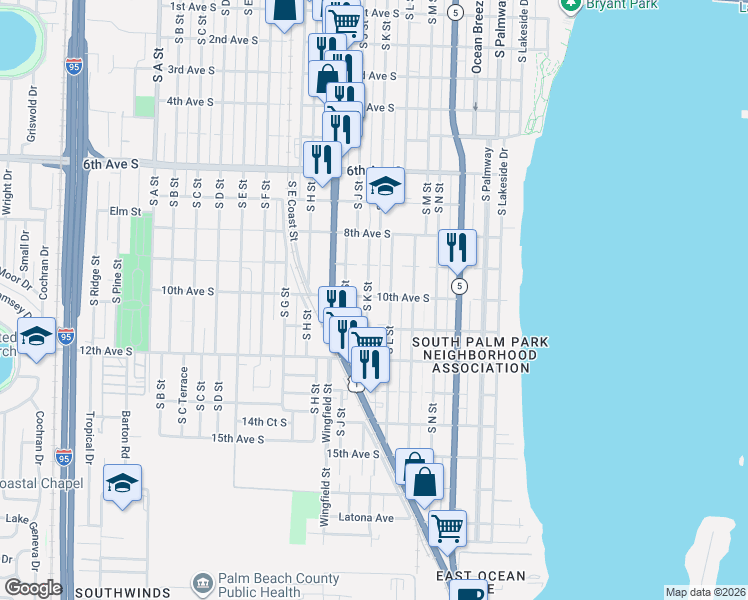 map of restaurants, bars, coffee shops, grocery stores, and more near 925 South K Street in Lake Worth