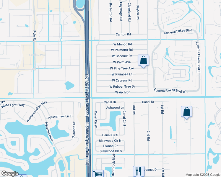 map of restaurants, bars, coffee shops, grocery stores, and more near 104 West Rubber Tree Drive in Lake Worth