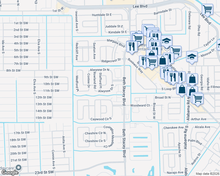 map of restaurants, bars, coffee shops, grocery stores, and more near 1423 Alwynne Drive South in Lehigh Acres