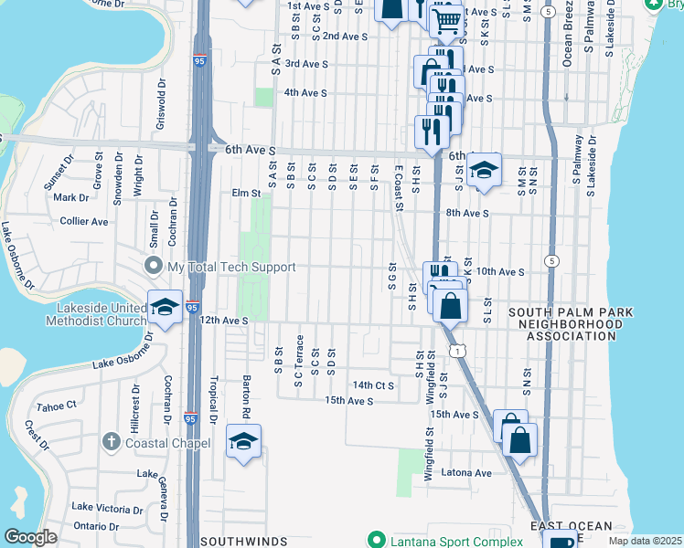 map of restaurants, bars, coffee shops, grocery stores, and more near 930 South D Street in Lake Worth