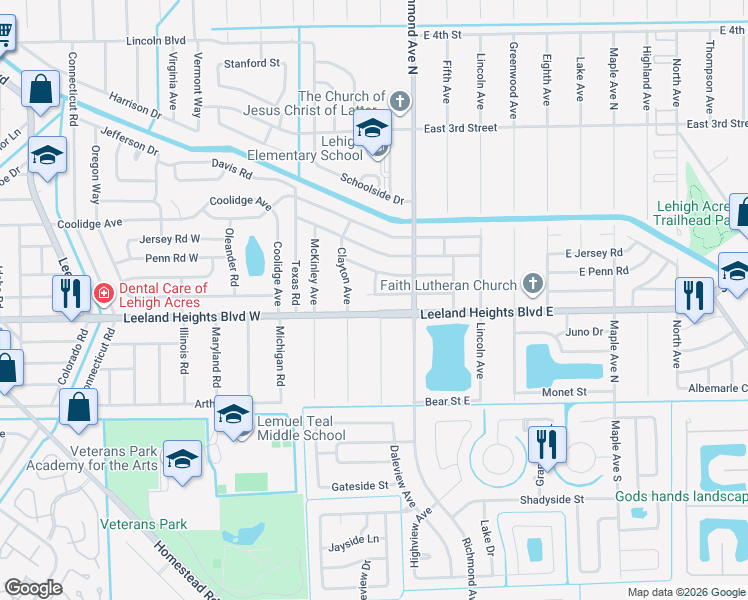 map of restaurants, bars, coffee shops, grocery stores, and more near 201 East Bougainvillea Road in Lehigh Acres