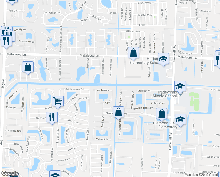 map of restaurants, bars, coffee shops, grocery stores, and more near 5509 Baja Terrace in Greenacres
