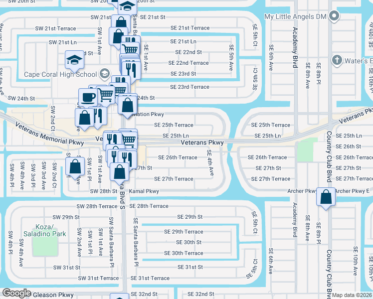 map of restaurants, bars, coffee shops, grocery stores, and more near 222 Southeast 26th Street in Cape Coral