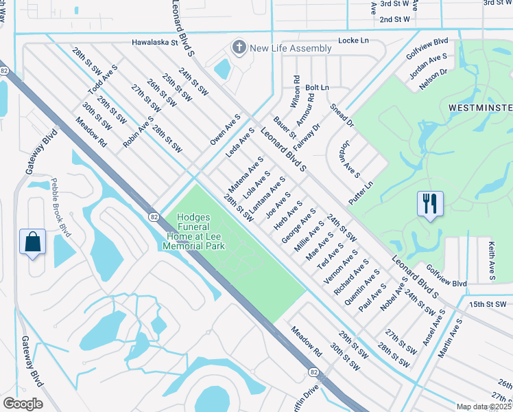 map of restaurants, bars, coffee shops, grocery stores, and more near 2433 Lola Avenue South in Lehigh Acres