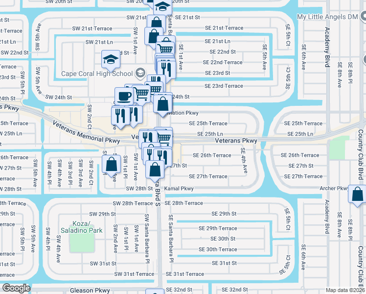 map of restaurants, bars, coffee shops, grocery stores, and more near 138 Southeast 26th Street in Cape Coral
