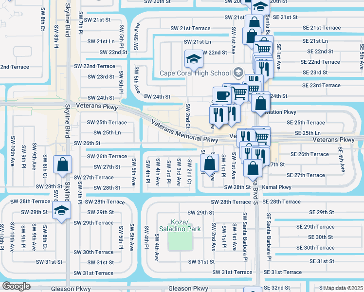 map of restaurants, bars, coffee shops, grocery stores, and more near 242 Southwest 26th Street in Cape Coral