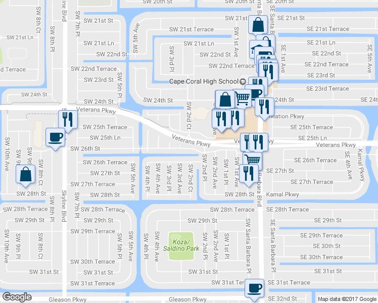 map of restaurants, bars, coffee shops, grocery stores, and more near 242 Southwest 26th Street in Cape Coral
